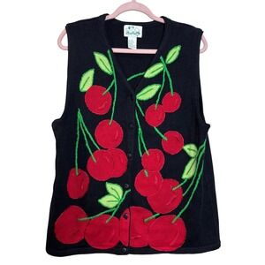 Black Cherry Embroidered Fruit Red Food Knit Vest Large Bright Cute Unique L 90s